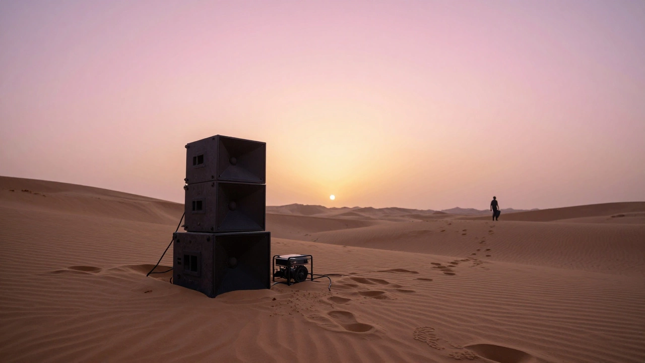 An abandoned speaker in the Dubai desert at dawn, footprints leading to it, sunrise casting long shadows.