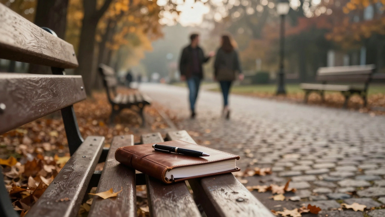 An open journal rests on a park bench under autumn leaves, two figures walk away in the distance.