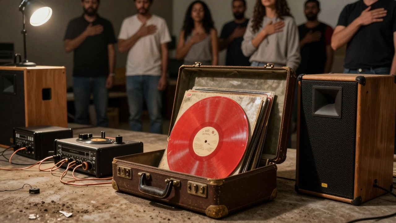 Close-up of vinyl records and handmade sound gear on a concrete floor, people silently feeling the bass in the background.